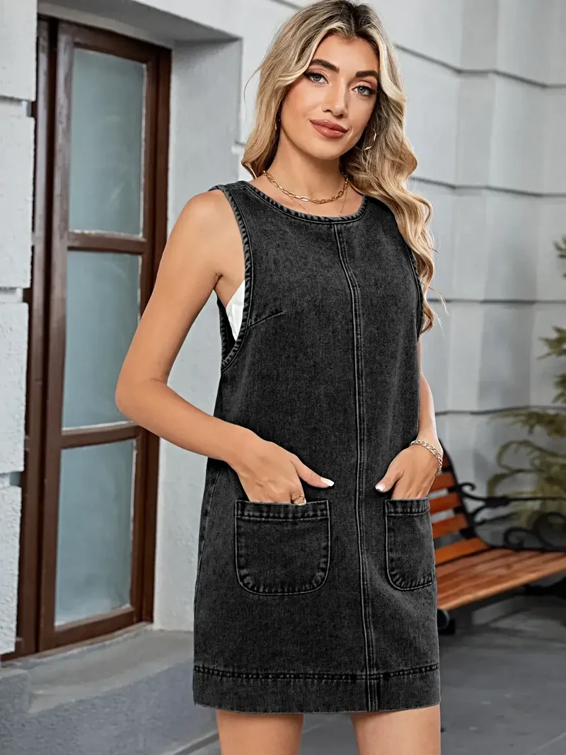 Luxe mouwloze denim tuinbroekjurk met zakken - 95% rayon, machinewasbaar