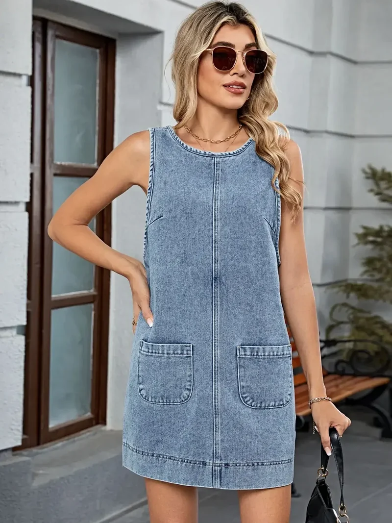 Luxe mouwloze denim tuinbroekjurk met zakken - 95% rayon, machinewasbaar