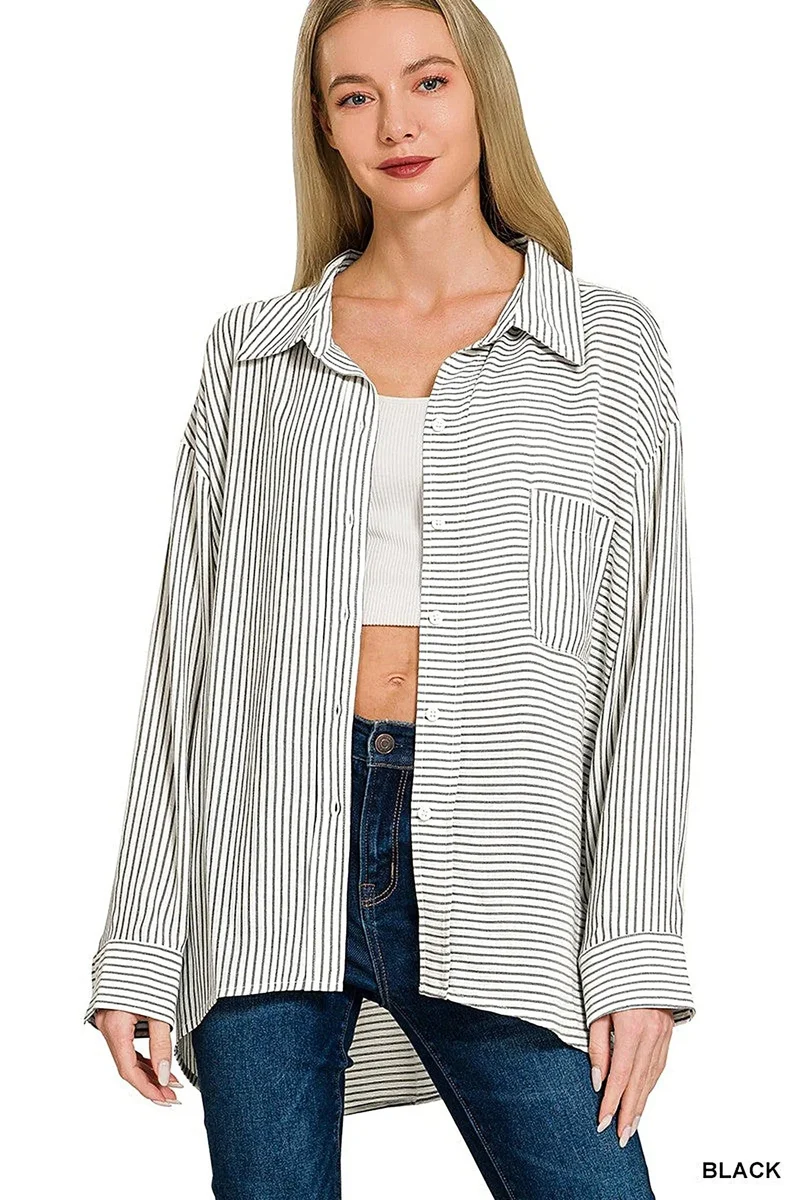 Tijdloos geweven gestreept overhemd met knoopsluiting - Klassieke gestreepte blouse met knoopsluiting voor een veelzijdige stijl.