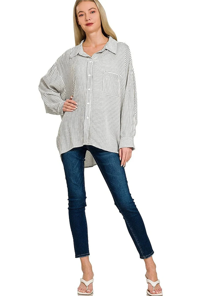 Tijdloos geweven gestreept overhemd met knoopsluiting - Klassieke gestreepte blouse met knoopsluiting voor een veelzijdige stijl.