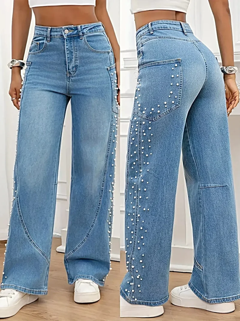 Jeans met parelversiering - Wijde pijpen, knoopsluiting en zakken, gemaakt van een katoenmix.