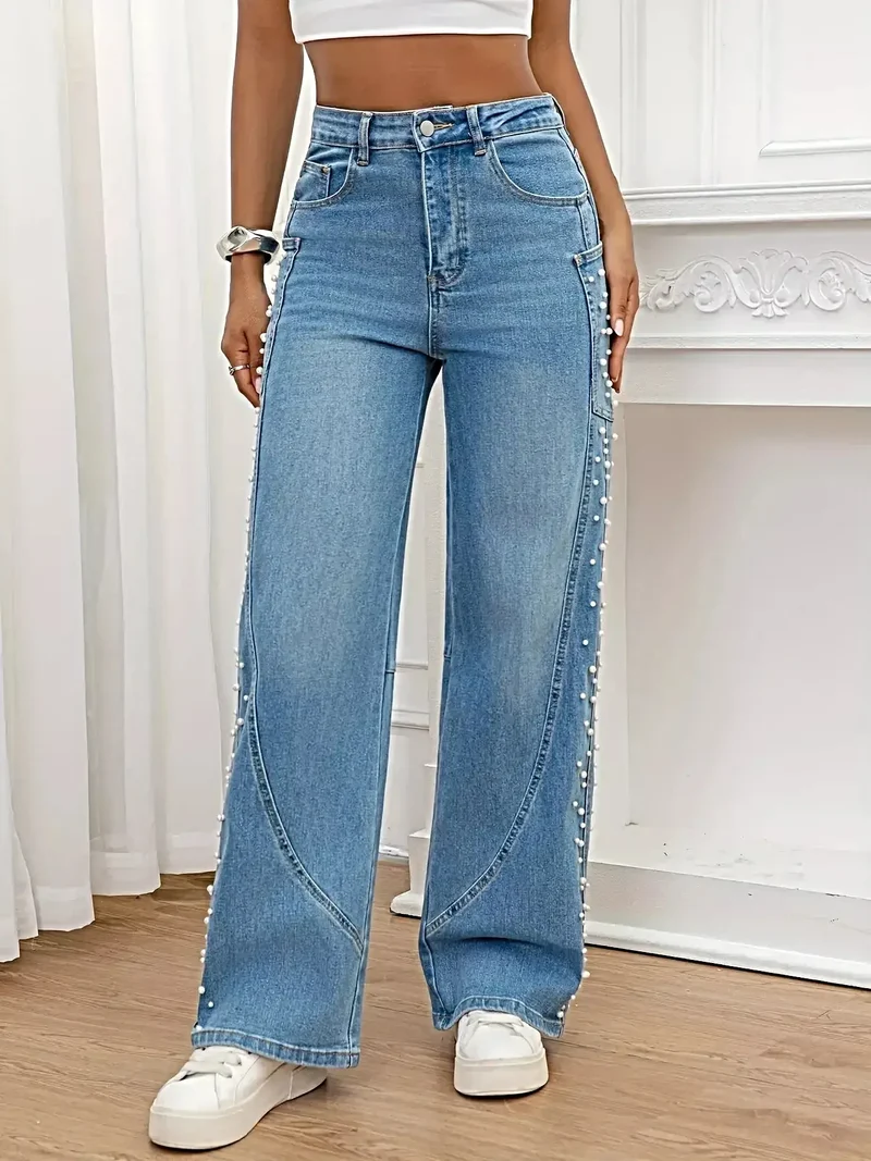 Jeans met parelversiering - Wijde pijpen, knoopsluiting en zakken, gemaakt van een katoenmix.