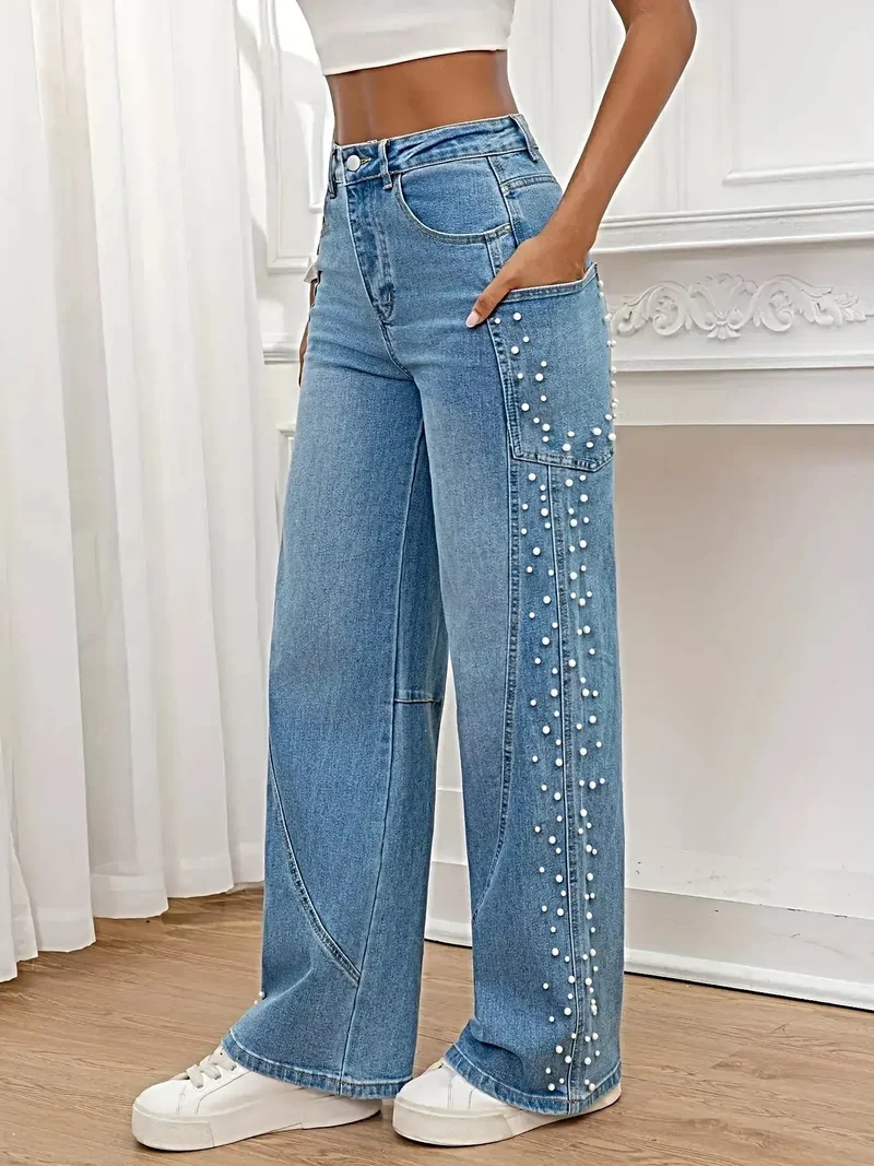 Jeans met parelversiering - Wijde pijpen, knoopsluiting en zakken, gemaakt van een katoenmix.