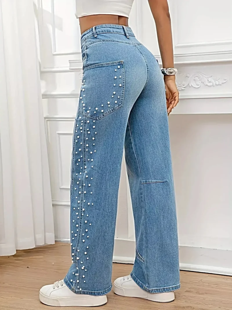 Jeans met parelversiering - Wijde pijpen, knoopsluiting en zakken, gemaakt van een katoenmix.
