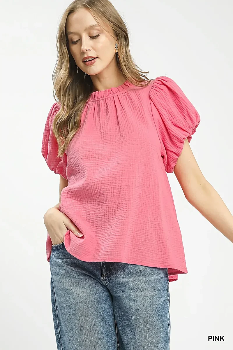 Boho top met ruches van getextureerde gaasstof – Vrouwelijke stijl met ruches bij de hals, 100% katoen