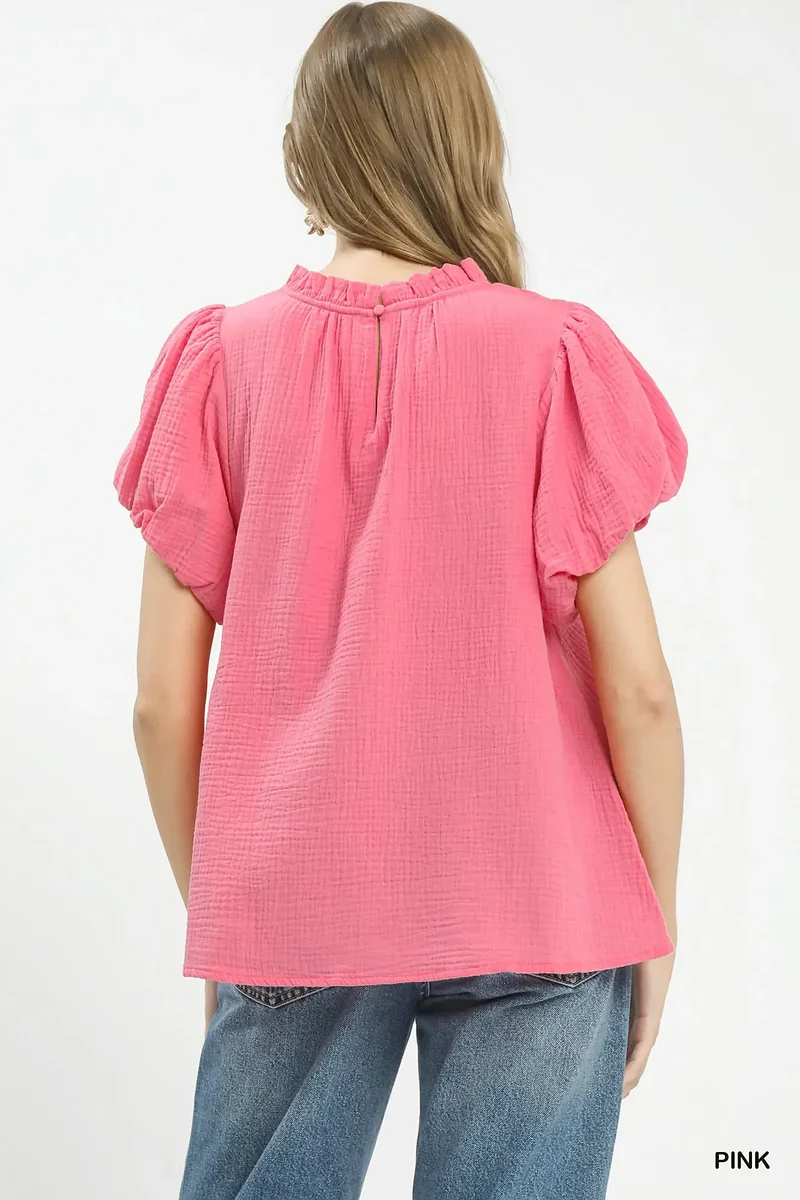 Boho top met ruches van getextureerde gaasstof – Vrouwelijke stijl met ruches bij de hals, 100% katoen