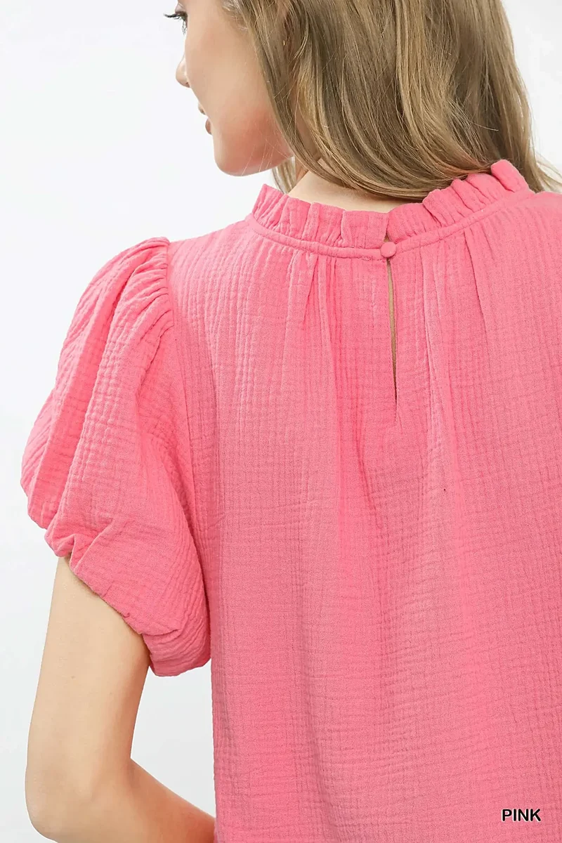 Boho top met ruches van getextureerde gaasstof – Vrouwelijke stijl met ruches bij de hals, 100% katoen