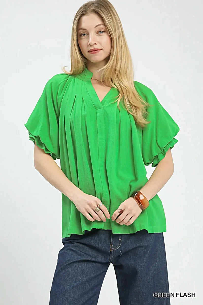 Elegante linnen blouse met V-hals, wijdvallende mouwen en plooien voor dames