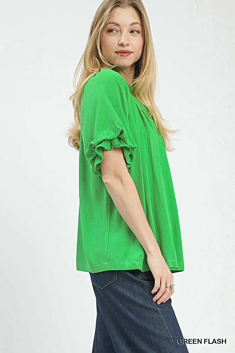 Elegante linnen blouse met V-hals, wijdvallende mouwen en plooien voor dames