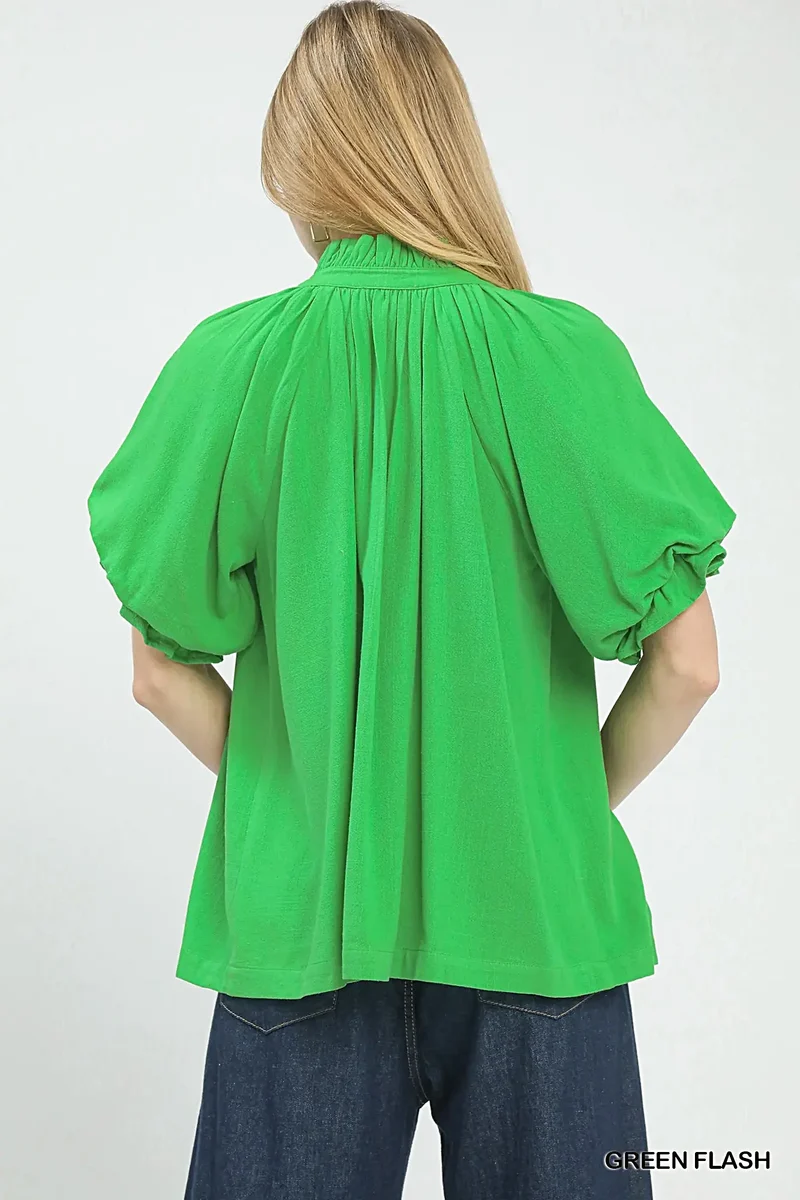 Elegante linnen blouse met V-hals, wijdvallende mouwen en plooien voor dames