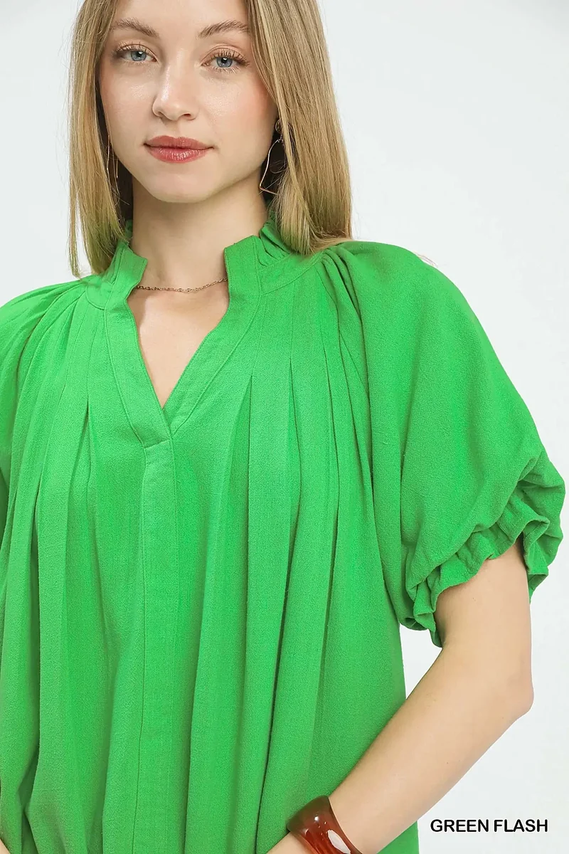 Elegante linnen blouse met V-hals, wijdvallende mouwen en plooien voor dames