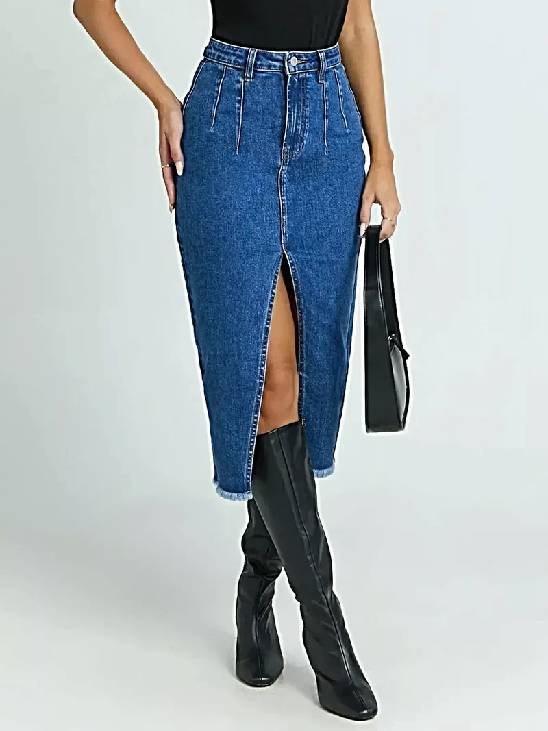 Hoge taille denim rok met split en onafgewerkte zoom - Stijlvol en comfortabel mode-item