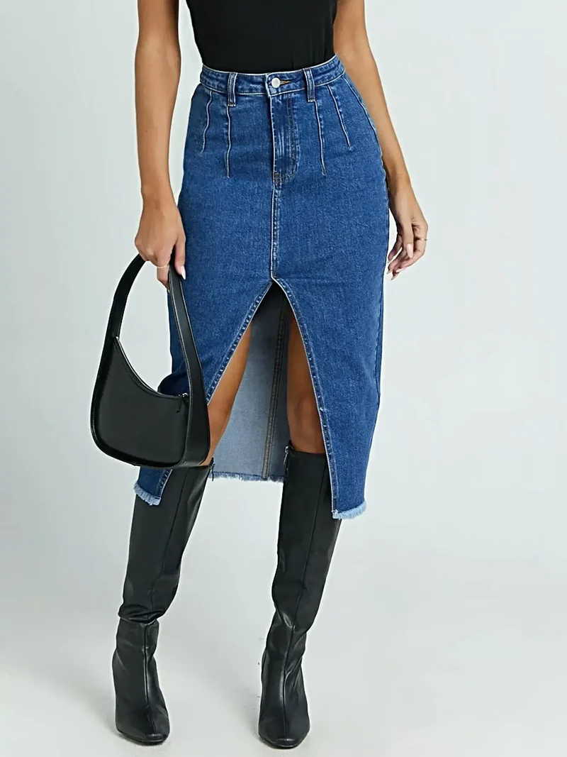 Hoge taille denim rok met split en onafgewerkte zoom - Stijlvol en comfortabel mode-item