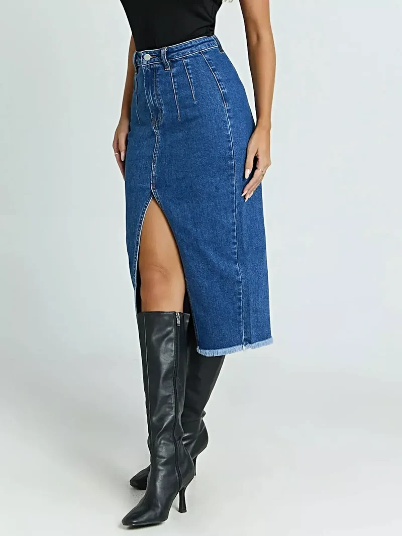 Hoge taille denim rok met split en onafgewerkte zoom - Stijlvol en comfortabel mode-item