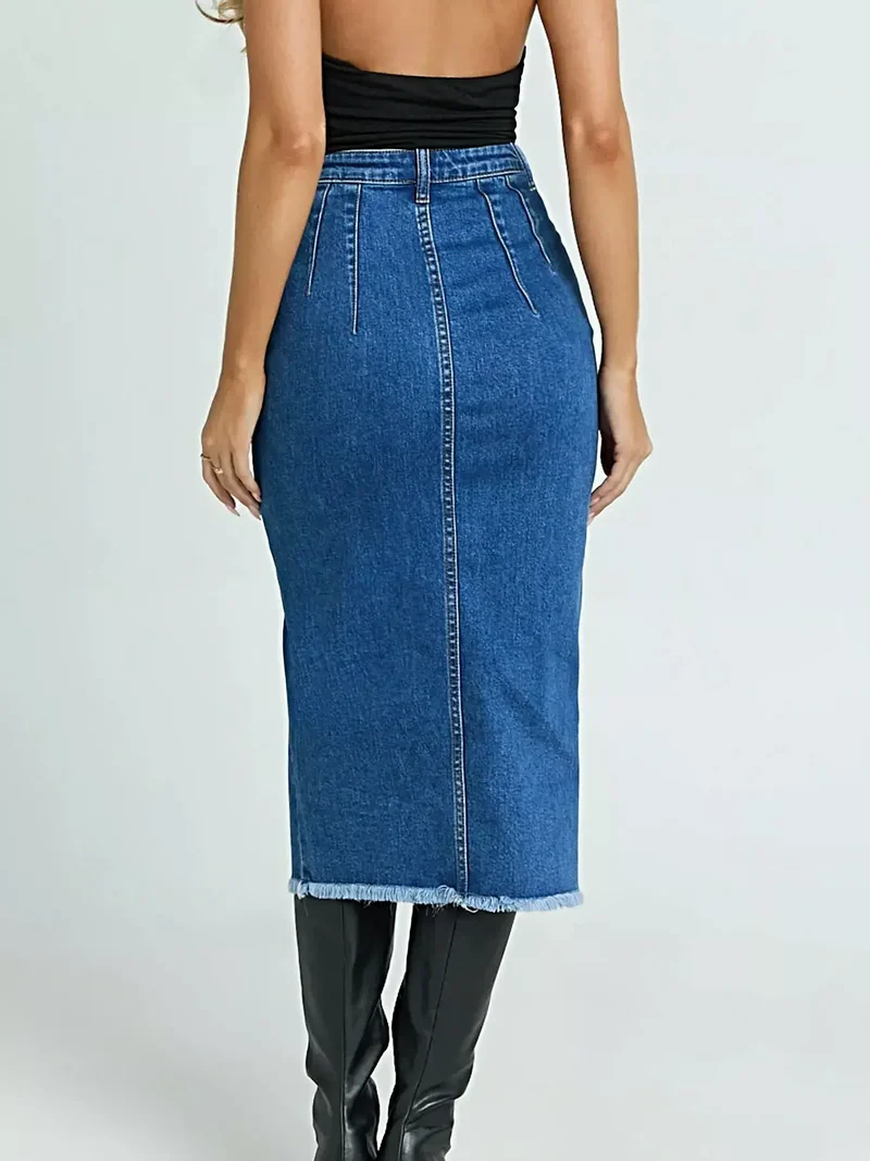 Hoge taille denim rok met split en onafgewerkte zoom - Stijlvol en comfortabel mode-item