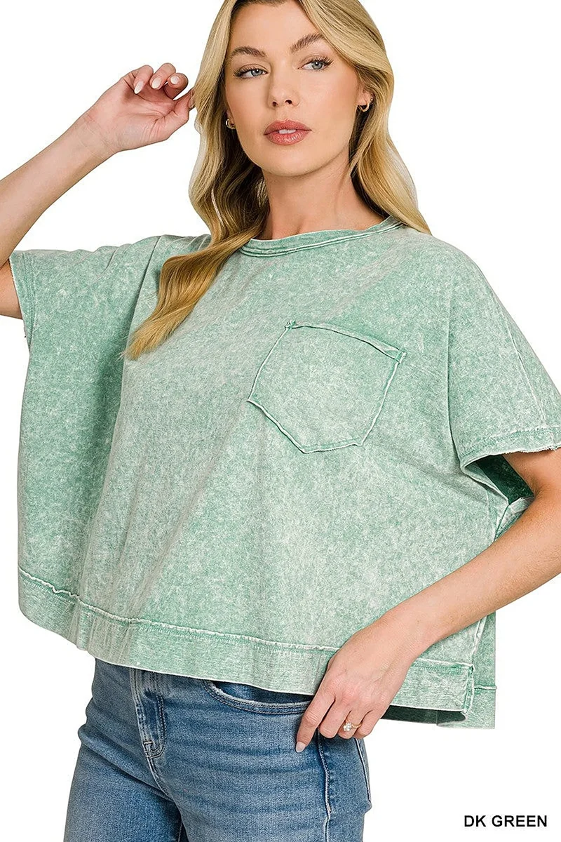 Zenana Halo oversized casual top met zakje, gewassen look, zacht 100% katoen, moeiteloze stijl