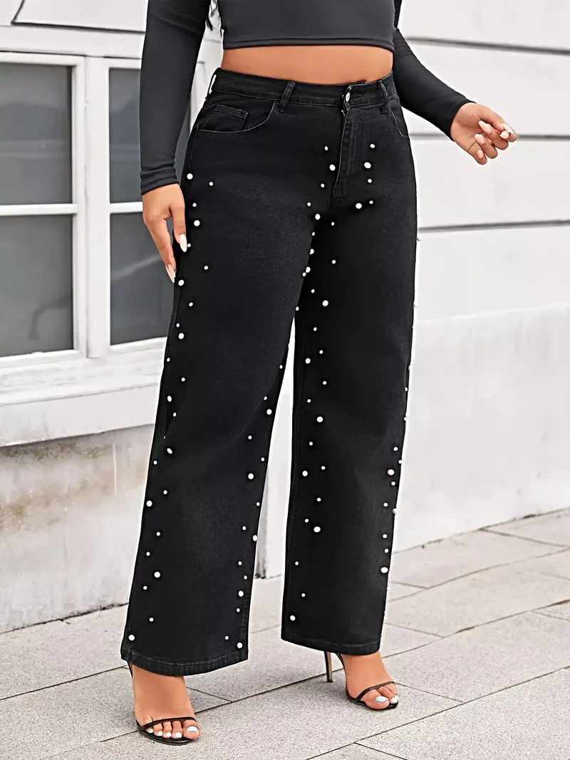 Plus size jeans met parelversiering, wijde pijpen, knoopsluiting en zakken, gemaakt van een katoenmix.