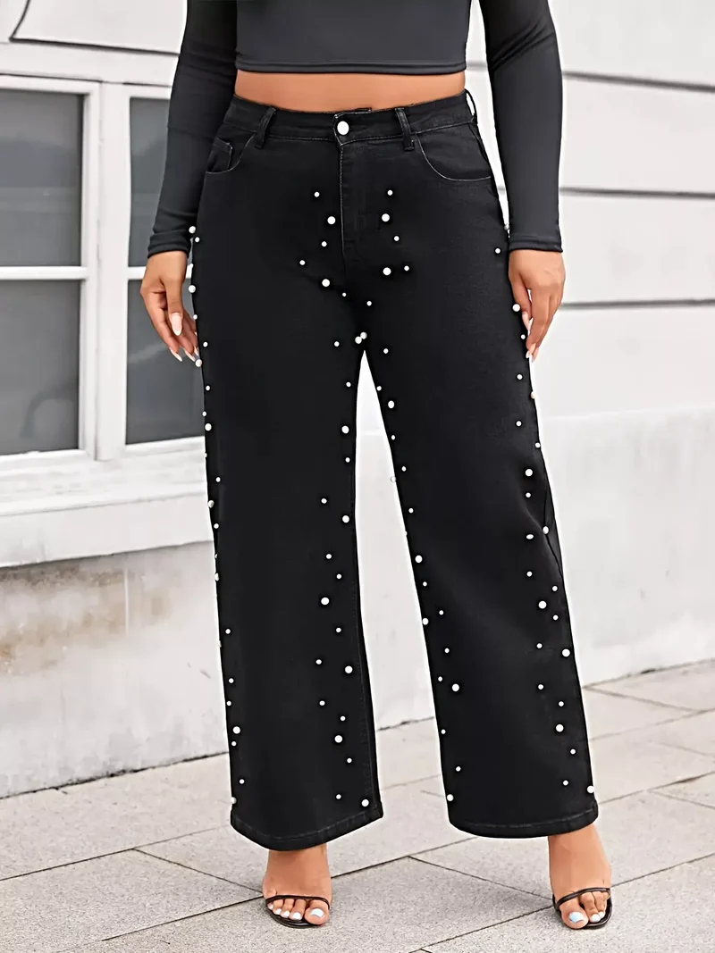Plus size jeans met parelversiering, wijde pijpen, knoopsluiting en zakken, gemaakt van een katoenmix.