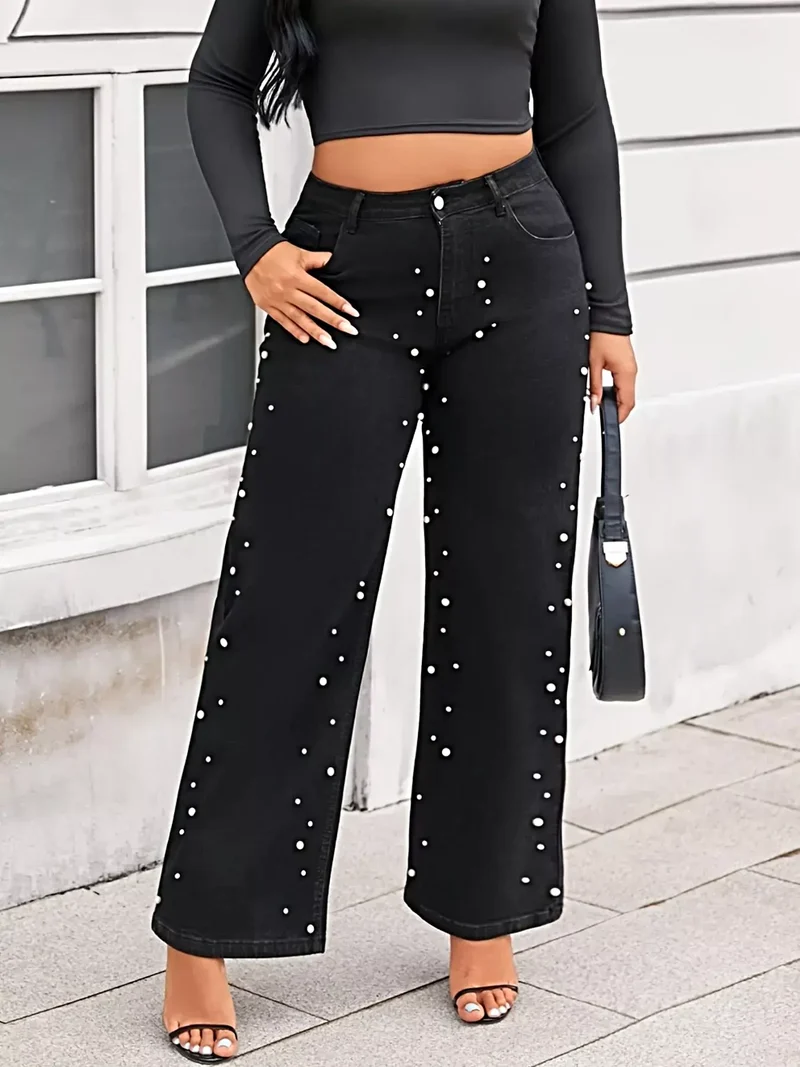 Plus size jeans met parelversiering, wijde pijpen, knoopsluiting en zakken, gemaakt van een katoenmix.