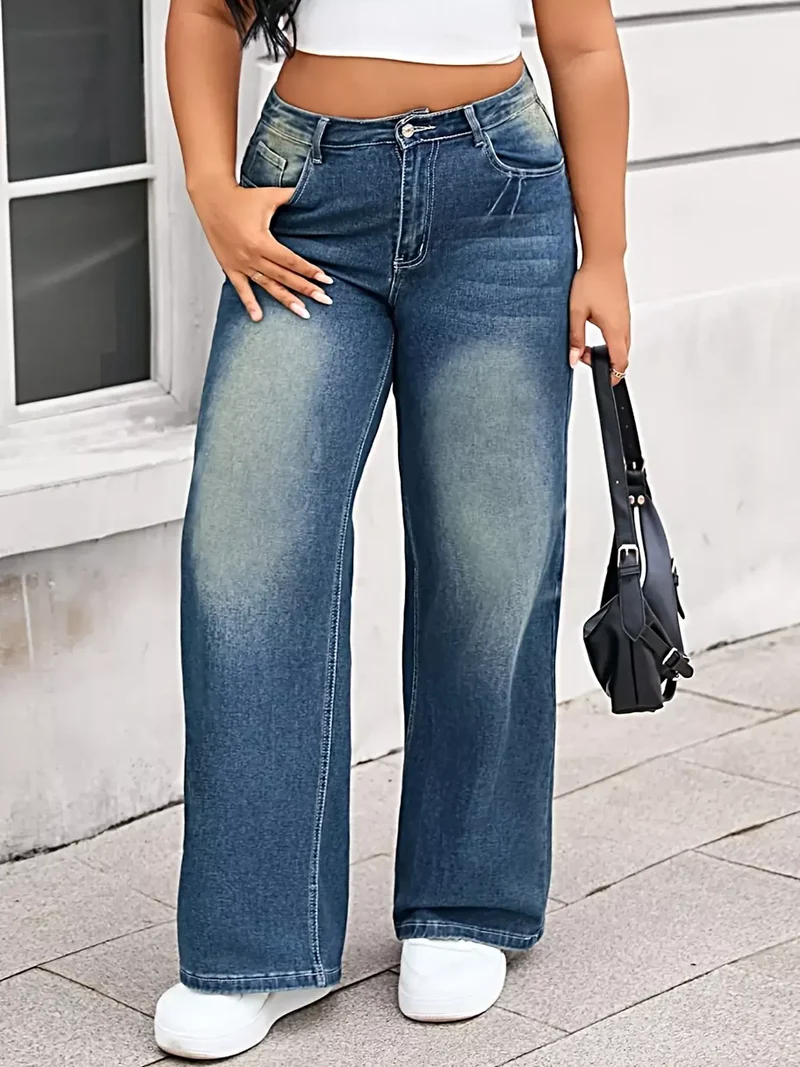 Plus size jeans met wijde pijpen in vintage wassing - klassiek ontwerp met zakken, 85% katoenmix