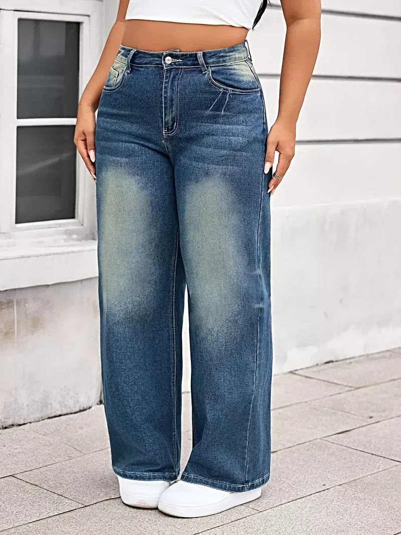 Plus size jeans met wijde pijpen in vintage wassing - klassiek ontwerp met zakken, 85% katoenmix