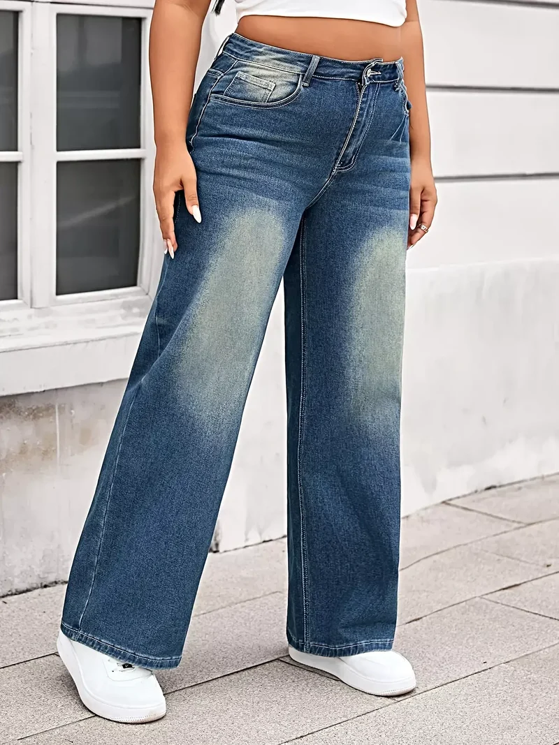 Plus size jeans met wijde pijpen in vintage wassing - klassiek ontwerp met zakken, 85% katoenmix