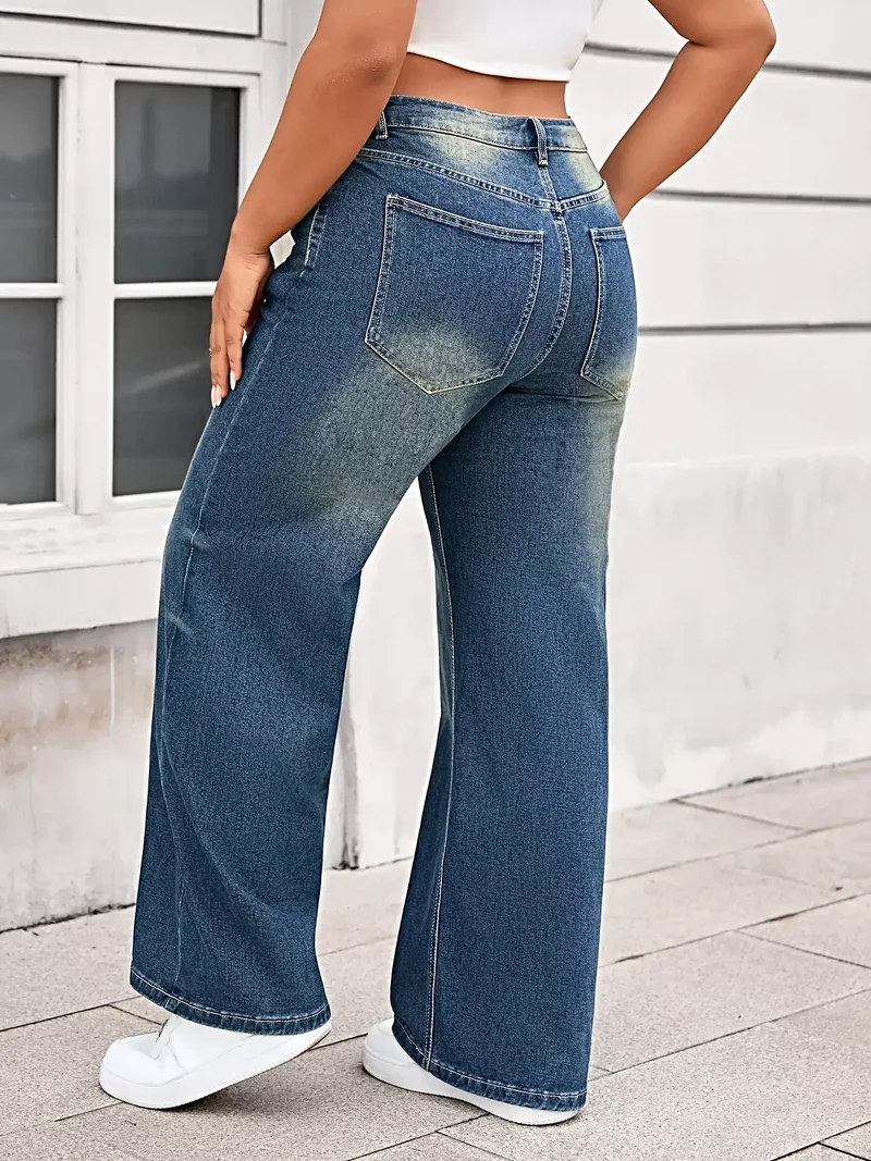 Plus size jeans met wijde pijpen in vintage wassing - klassiek ontwerp met zakken, 85% katoenmix