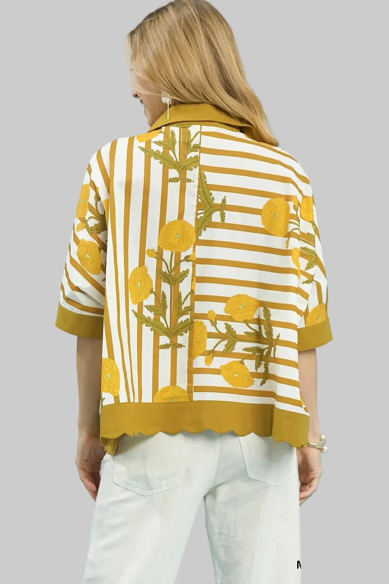 Chique overhemd met bloemenstrepen en knoopsluiting, gemaakt van 100% katoen voor moeiteloze elegantie.