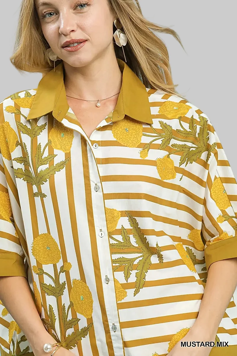 Chique overhemd met bloemenstrepen en knoopsluiting, gemaakt van 100% katoen voor moeiteloze elegantie.