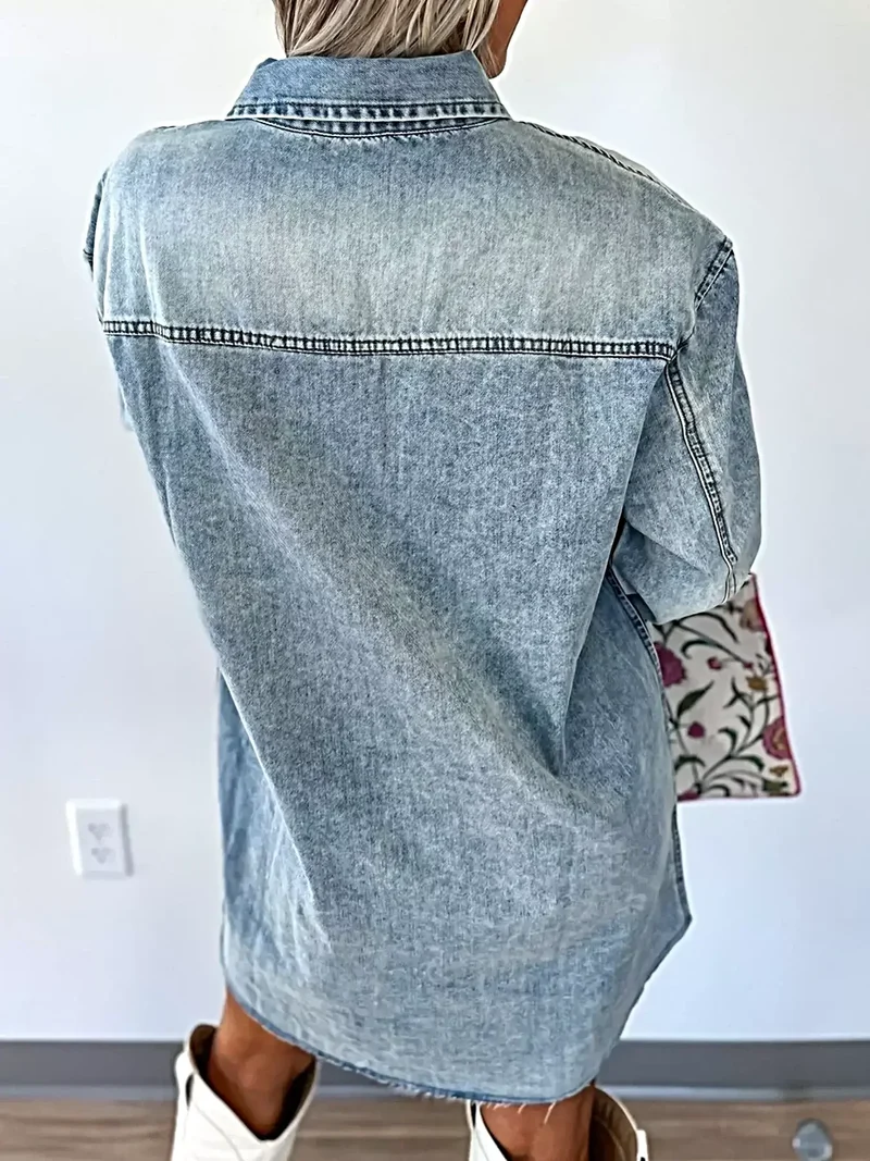 Denim overhemdjurk met borstzak en onafgewerkte zoom - 100% katoen, machinewasbaar, losse pasvorm