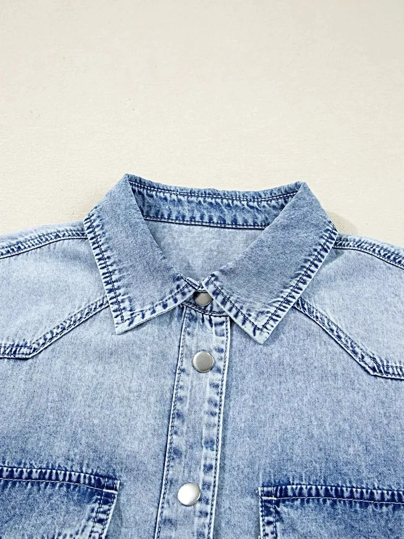 Denim overhemdjurk met borstzak en onafgewerkte zoom - 100% katoen, machinewasbaar, losse pasvorm