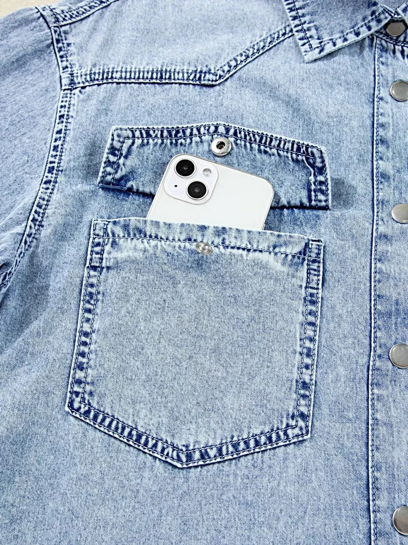 Denim overhemdjurk met borstzak en onafgewerkte zoom - 100% katoen, machinewasbaar, losse pasvorm