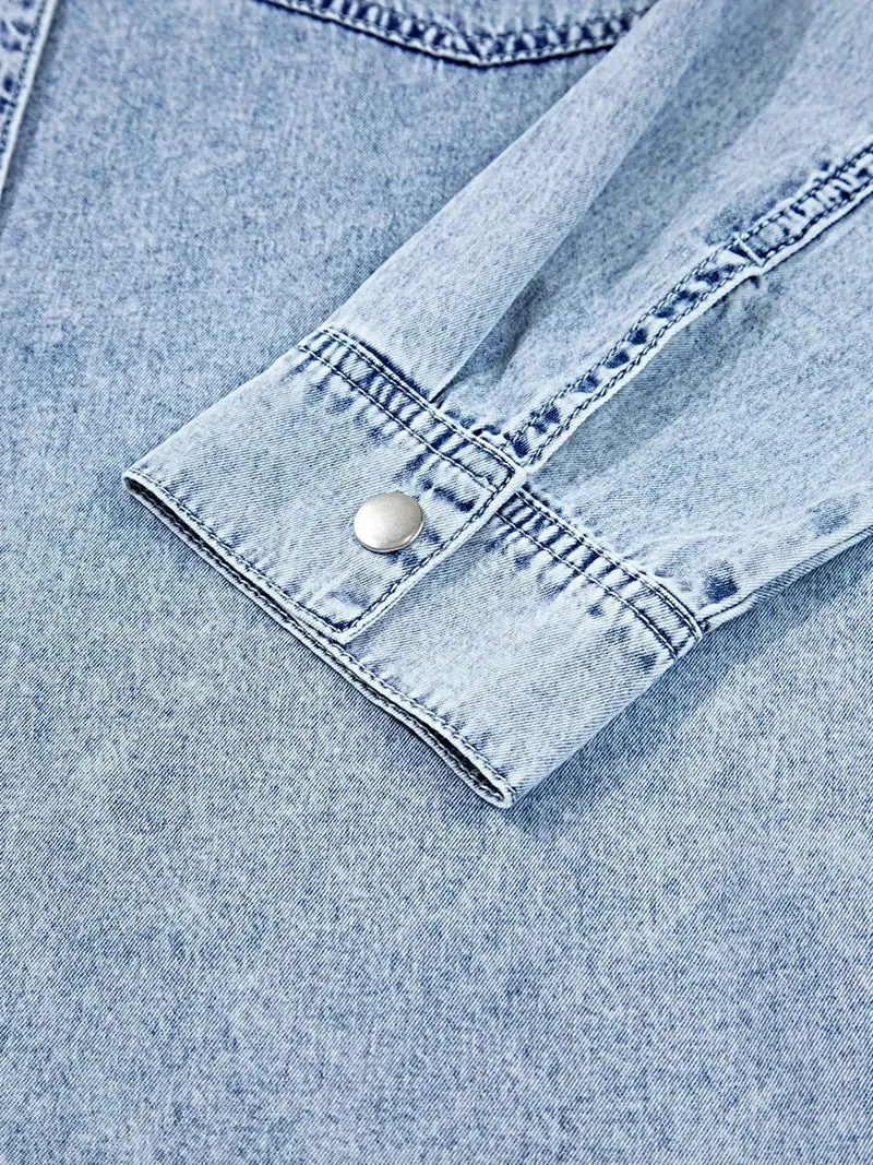Denim overhemdjurk met borstzak en onafgewerkte zoom - 100% katoen, machinewasbaar, losse pasvorm