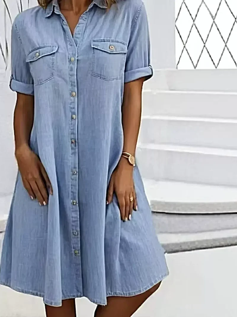 Denim jurk met knoopsluiting aan de voorkant voor dames, korte mouwen en zakken, klassieke stijl