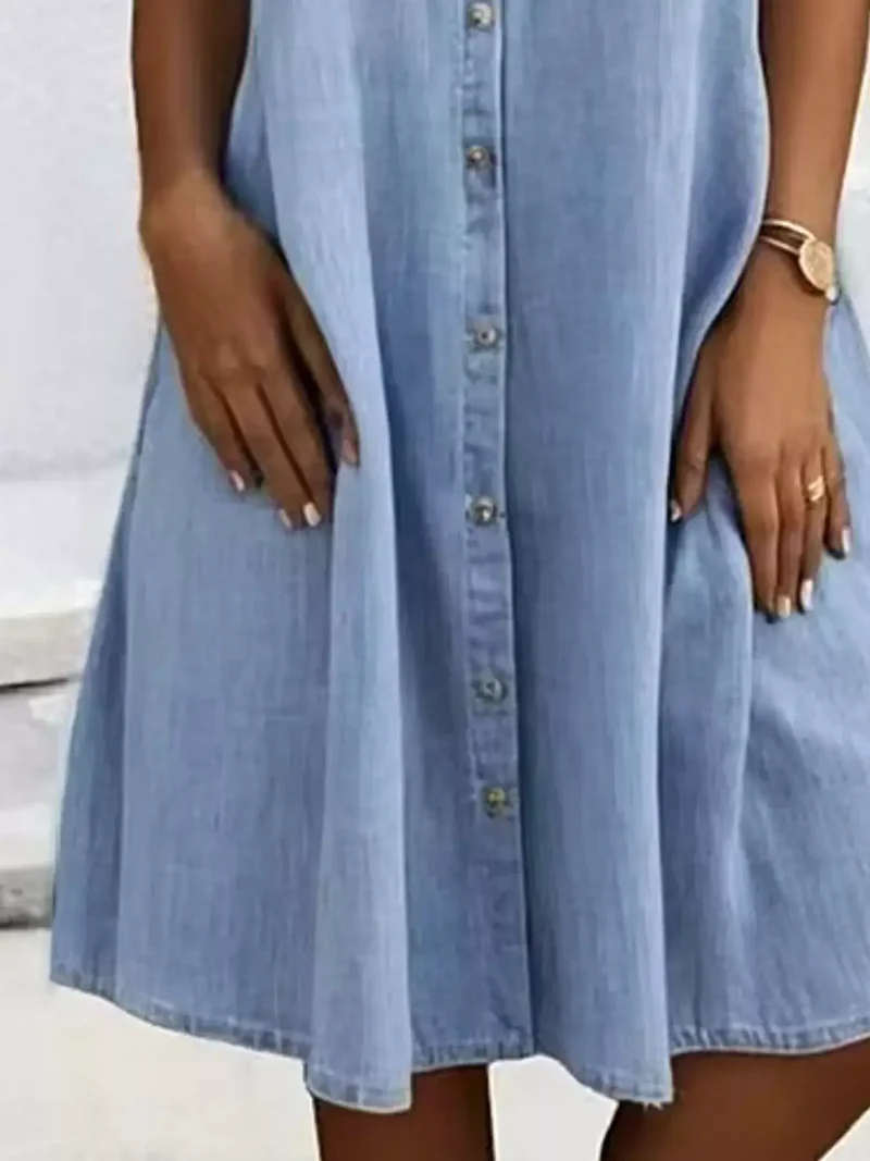 Denim jurk met knoopsluiting aan de voorkant voor dames, korte mouwen en zakken, klassieke stijl