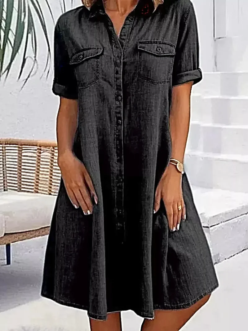 Denim jurk met knoopsluiting aan de voorkant voor dames, korte mouwen en zakken, klassieke stijl