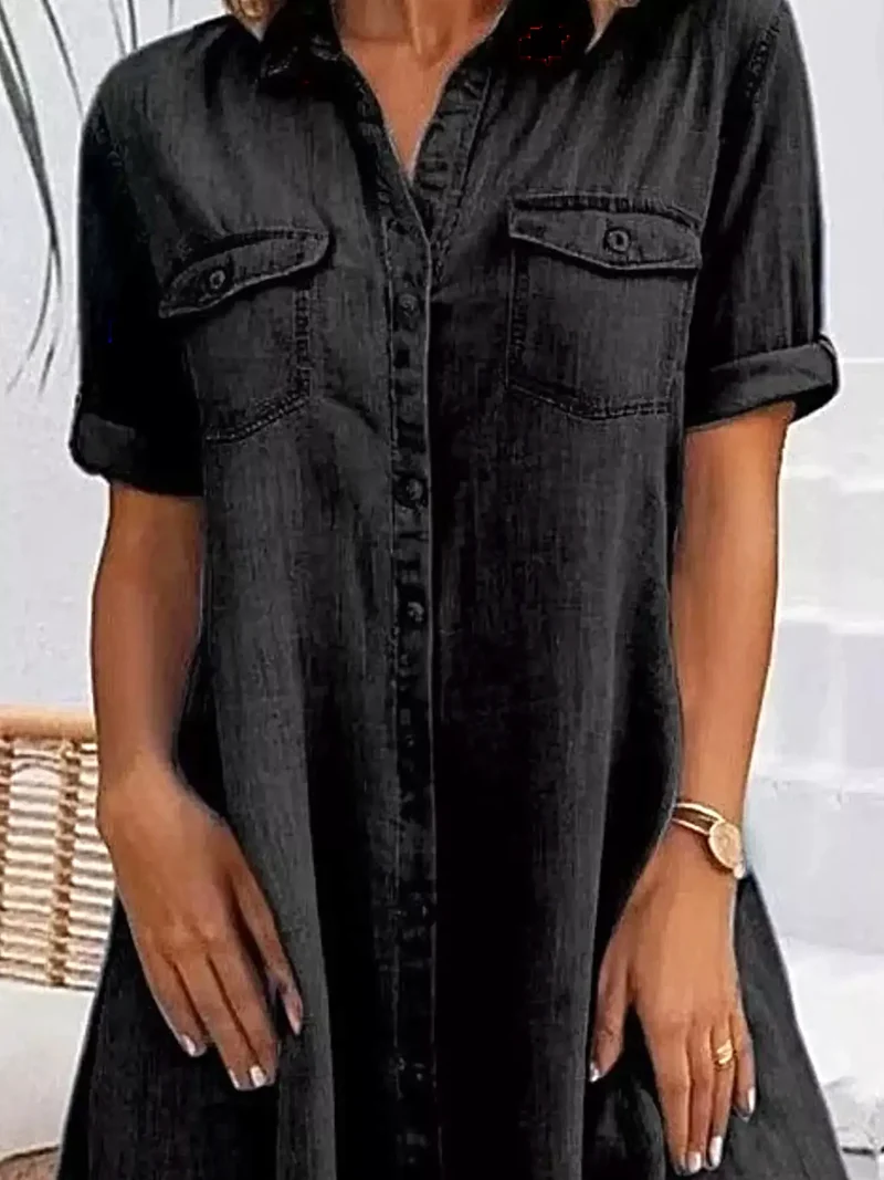 Denim jurk met knoopsluiting aan de voorkant voor dames, korte mouwen en zakken, klassieke stijl