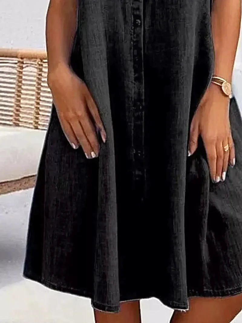 Denim jurk met knoopsluiting aan de voorkant voor dames, korte mouwen en zakken, klassieke stijl