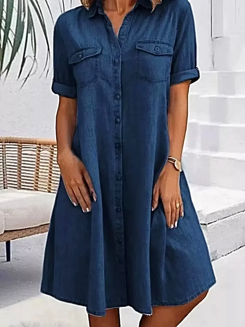 Denim jurk met knoopsluiting aan de voorkant voor dames, korte mouwen en zakken, klassieke stijl