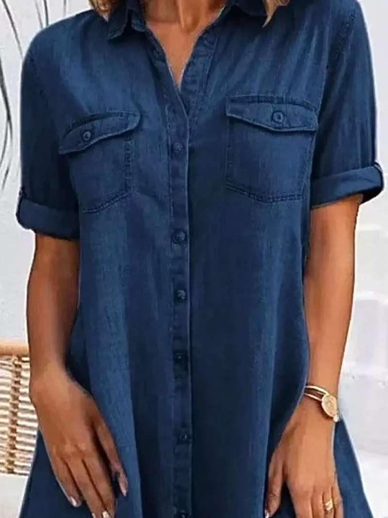 Denim jurk met knoopsluiting aan de voorkant voor dames, korte mouwen en zakken, klassieke stijl