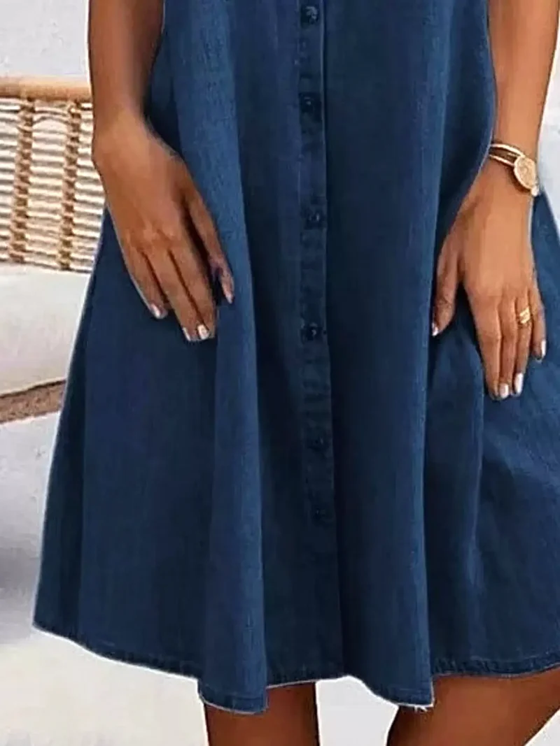Denim jurk met knoopsluiting aan de voorkant voor dames, korte mouwen en zakken, klassieke stijl
