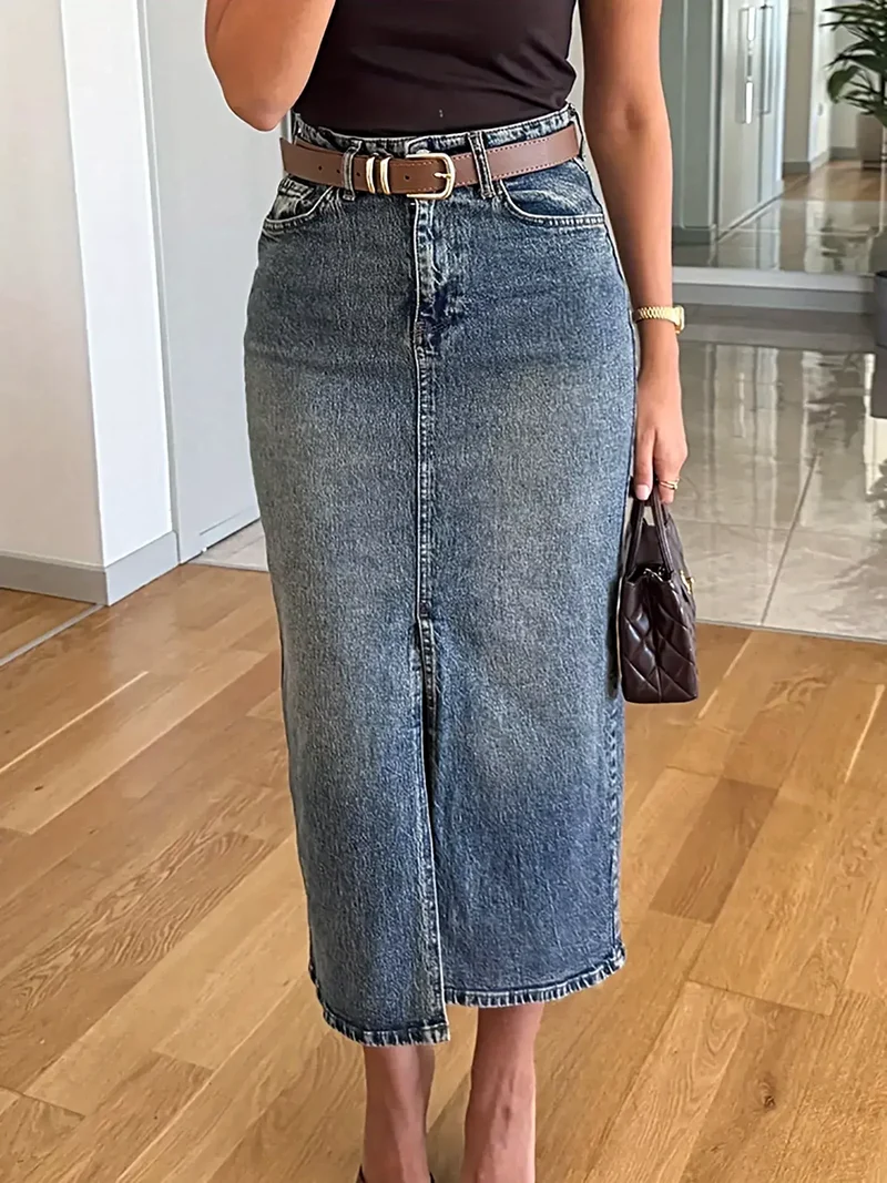 Trendsi denim rok met split - met zakken, licht elastisch, 85% katoenmix