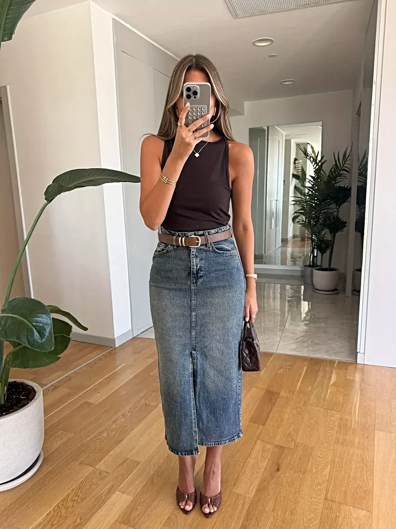 Trendsi denim rok met split - met zakken, licht elastisch, 85% katoenmix