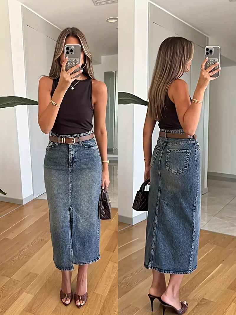 Trendsi denim rok met split - met zakken, licht elastisch, 85% katoenmix
