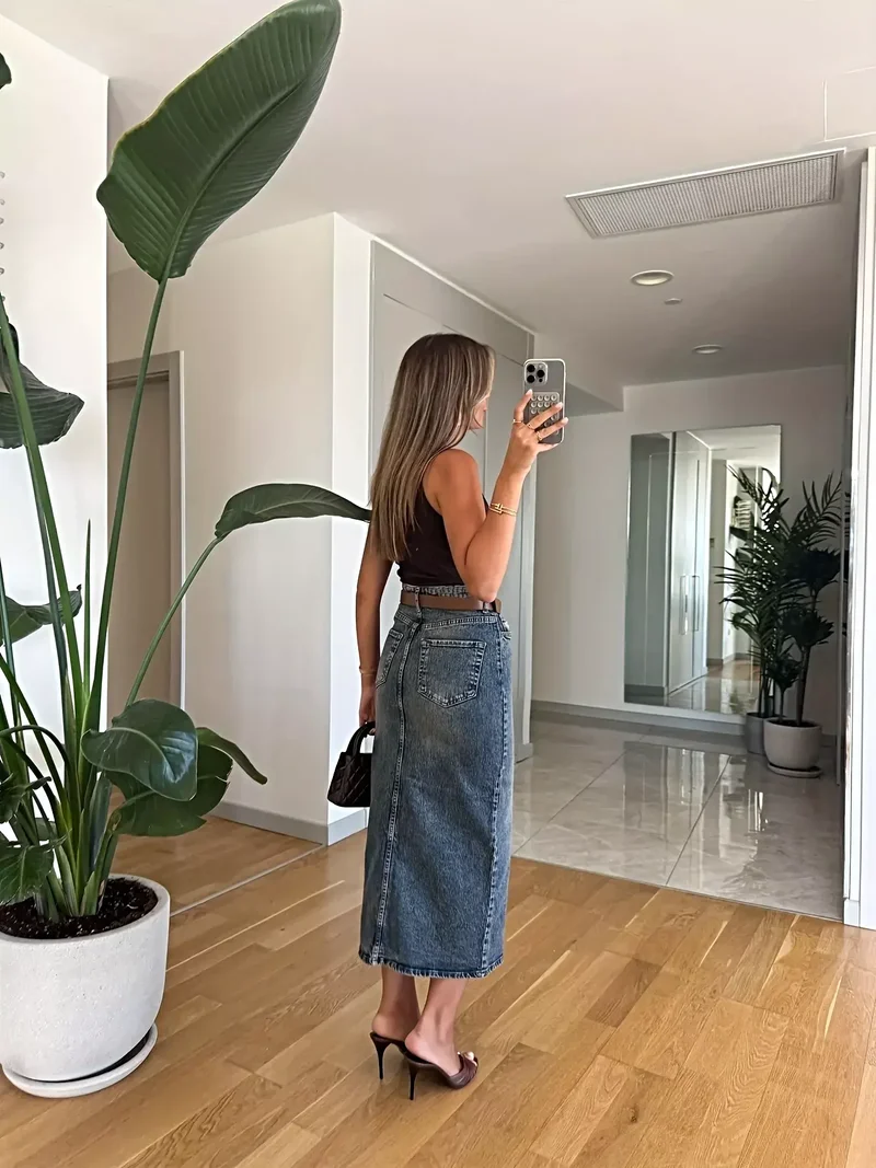 Trendsi denim rok met split - met zakken, licht elastisch, 85% katoenmix