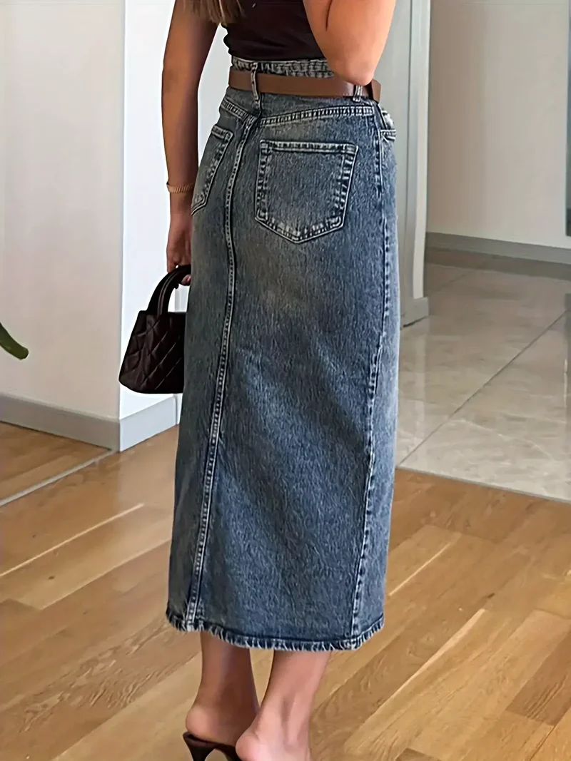 Trendsi denim rok met split - met zakken, licht elastisch, 85% katoenmix