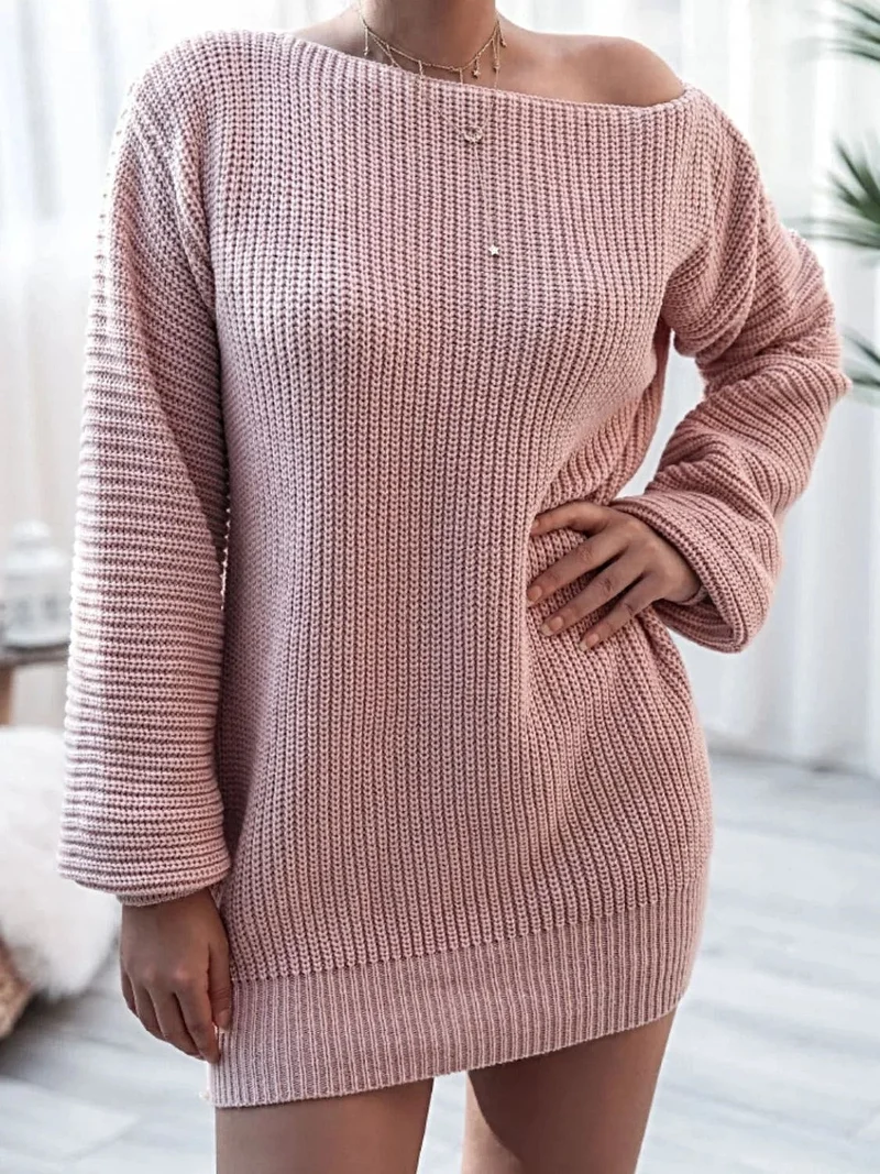 Truijurk met ballonmouwen - Mini gebreide jurk met boothals en een relaxed silhouet
