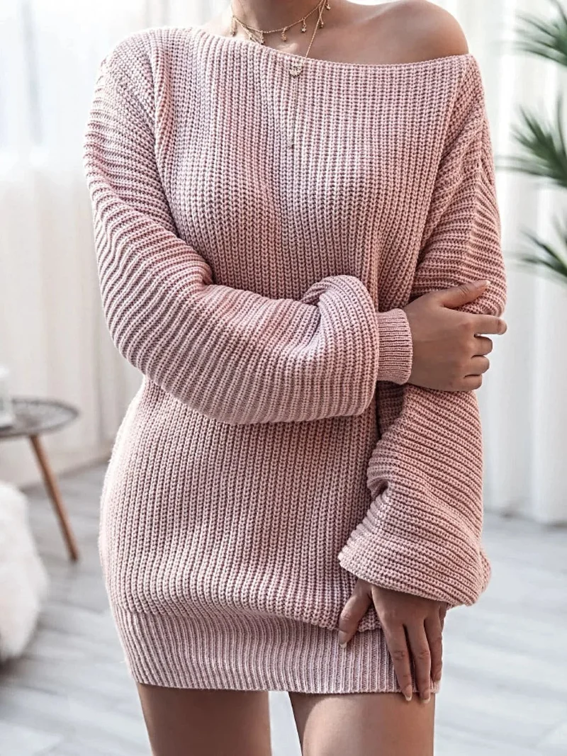 Truijurk met ballonmouwen - Mini gebreide jurk met boothals en een relaxed silhouet