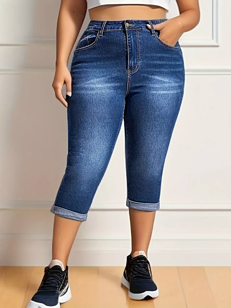 Elegante denim capri broek in grote maten met omgeslagen zoom en hoge taille - comfortabele stretchpasvorm