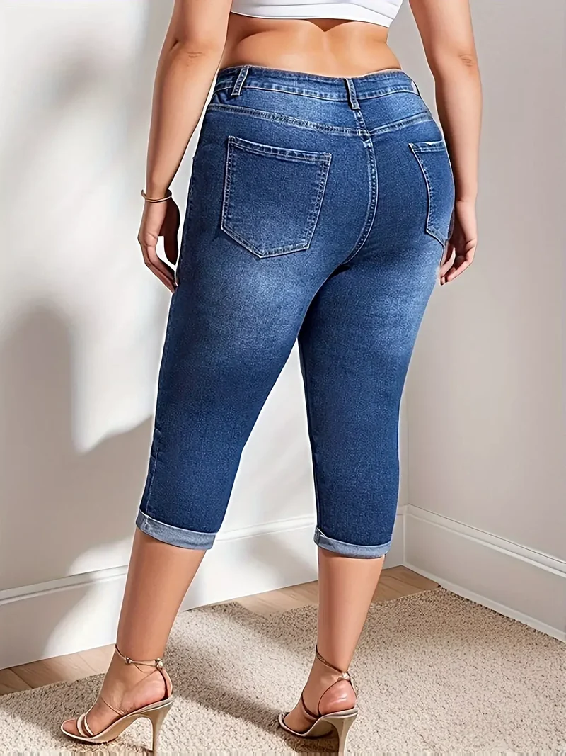 Elegante denim capri broek in grote maten met omgeslagen zoom en hoge taille - comfortabele stretchpasvorm